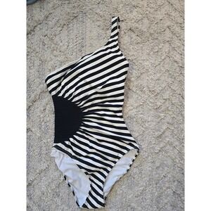 Anne Cole Signature One Shoulder Swimsuit Black White Striped‎ Size 10 ruching